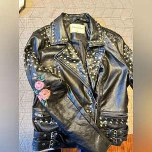 Black Studded Embroidered Faux Leather Jacket